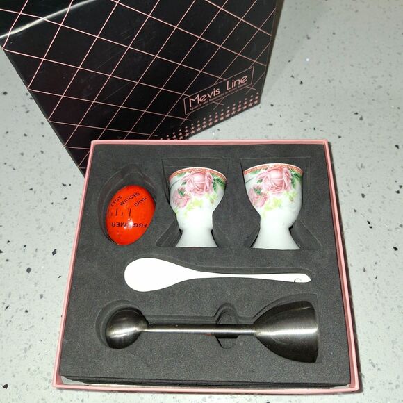 Mevis Line Boiled Eggs Cups Set Cups Timer Spoons Egg Topper Cracker - Picture 3 of 10